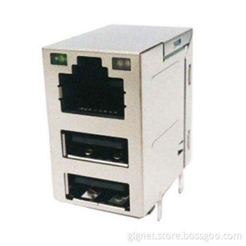RJ45 with Double USB2.0, Through Hole, 1000Base-T, with LED and Transformer